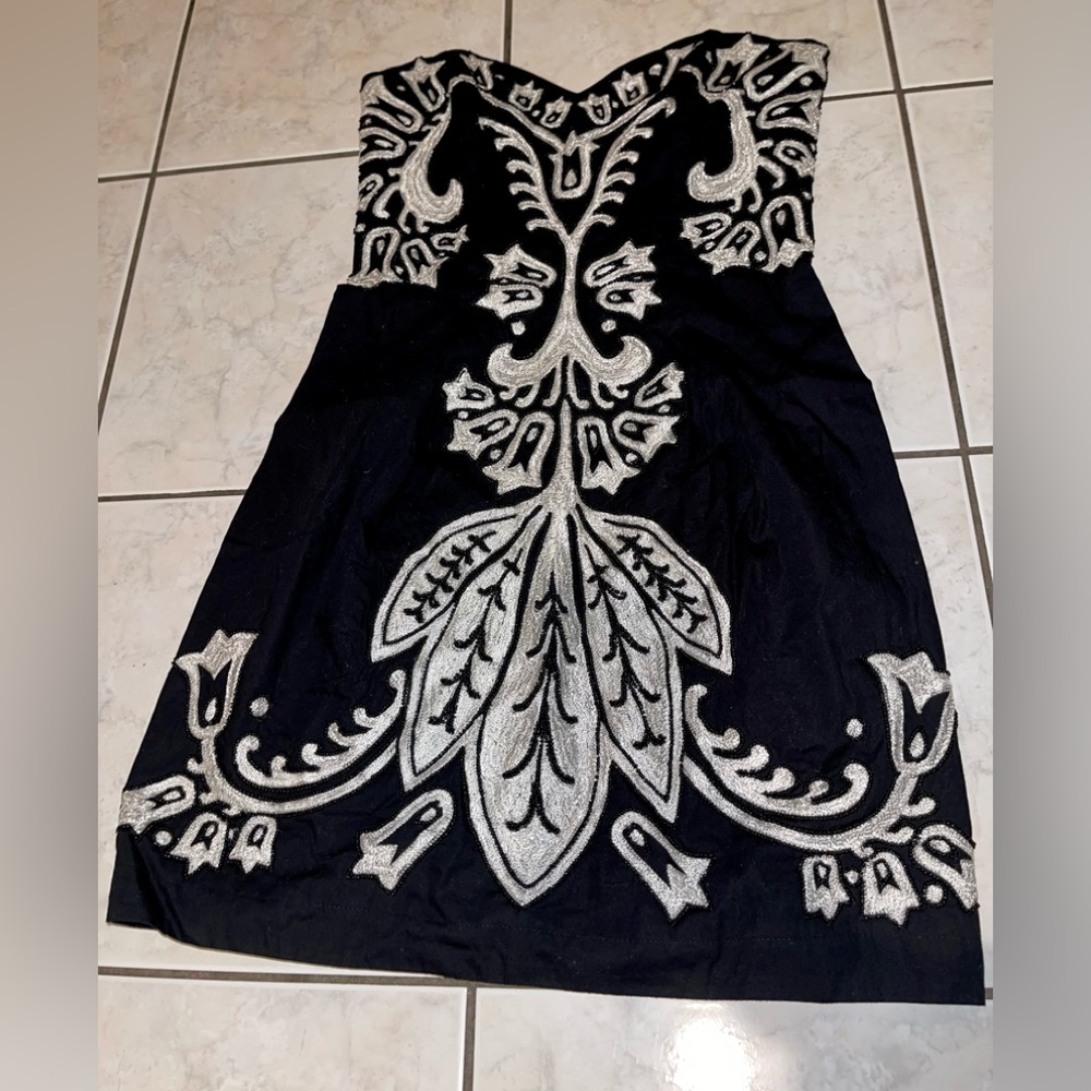French Connection black and white strapless embroidered mini cotton dress